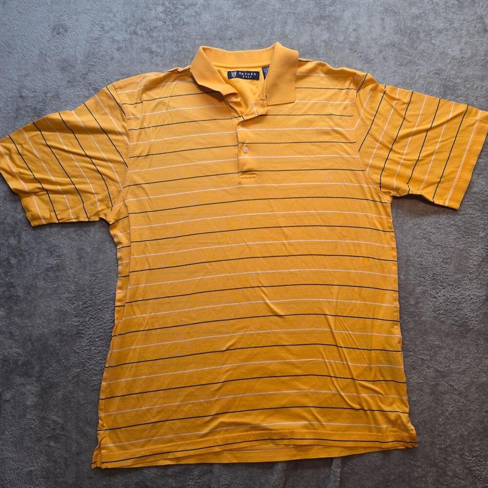 Vintage Oxford Golf Polo Shirt Mens L Yellow Striped Cotton Short Sleeve Golf